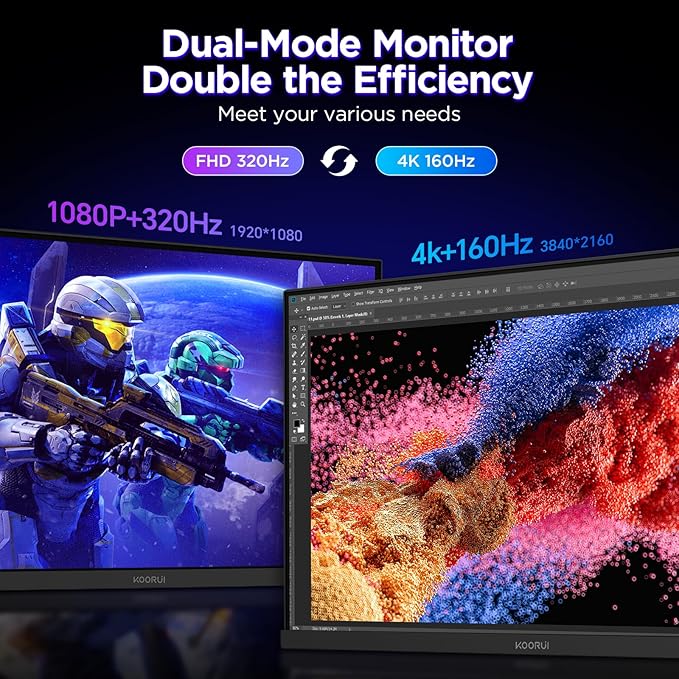 KOORUI 27 Inch Gaming Monitor, 3840 * 2160p Monitor, Dual Mode(UHD 160Hz / FHD 320Hz), IPS Panel, 95% DCI-P3, HDR400, Eye-Care, Height/Pivot/Tilt Adjustability, VESA Mountable，HDMI/DP, G2741L