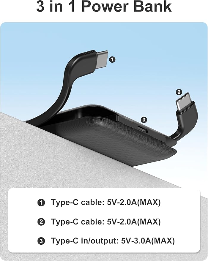 10000mAh Compatible with iPhone 15/16/17 (Only) Slim Portable Charger with Built in Cable, Power Bank Travel Charger External Battery Pack for Phone, 3 Output USB Type C Cord Clutch Charger, Black