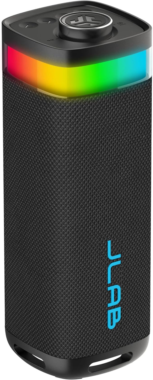 JLab JBuds Party Portable Bluetooth Speaker, 2 Full-Range Drivers + 2 Passive Woofers, IP56 Waterproof, 12 Hours Playtime, Connect Multiple Speakers, Custom Sound + RGB Lighting via App, Black
