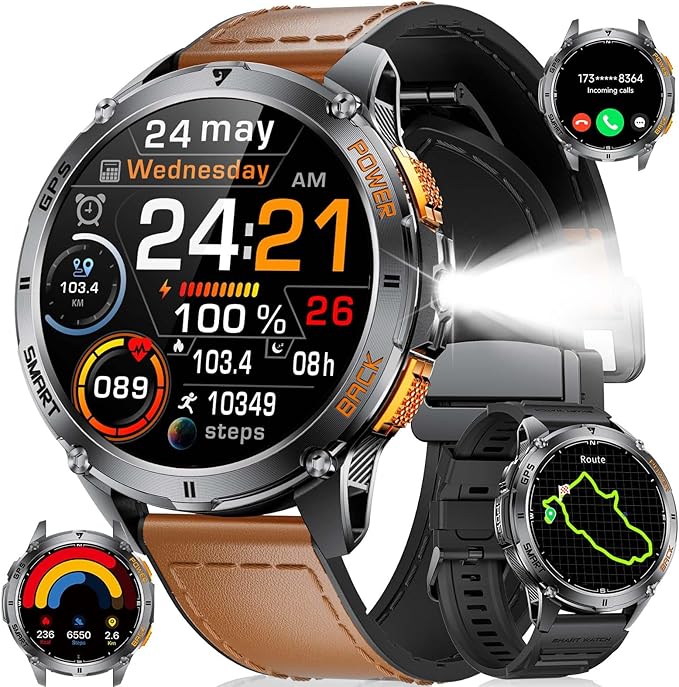 LIGE GPS Smart Watch for Men, Compass/LED Flashlight/1.43" AMOLED Smartwatch, IP68 Waterproof/Swim Mode/Pedometer/170+ Sports Mode Fitness Tracker, Men's Smart Watches for Android iPhone Compatible