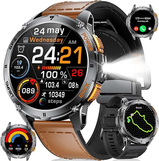 LIGE GPS Smart Watch for Men, Compass/LED Flashlight/1.43" AMOLED Smartwatch, IP68 Waterproof/Swim Mode/Pedometer/170+ Sports Mode Fitness Tracker, Men's Smart Watches for Android iPhone Compatible