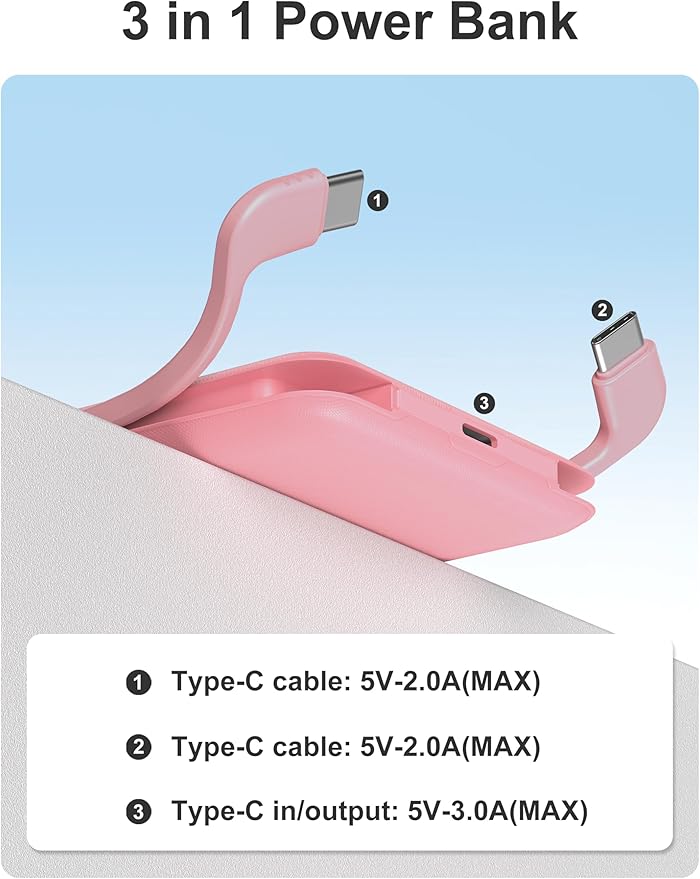 10000mAh Compatible with iPhone 15/16/17 (Only) Slim Portable Charger with Built in Cable, Power Bank Travel Charger External Battery Pack for Phone, 3 Output USB Type C Cord Clutch Charger, Pink