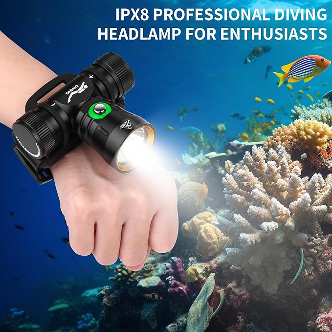 WINDFIRE Dive Light Diving Headlamp, IPX8 Waterproof Flashlight, Super Bight Underwater Lights, 3 Modes Dive Headlight with Power Indicator for Snorkeling, Diving