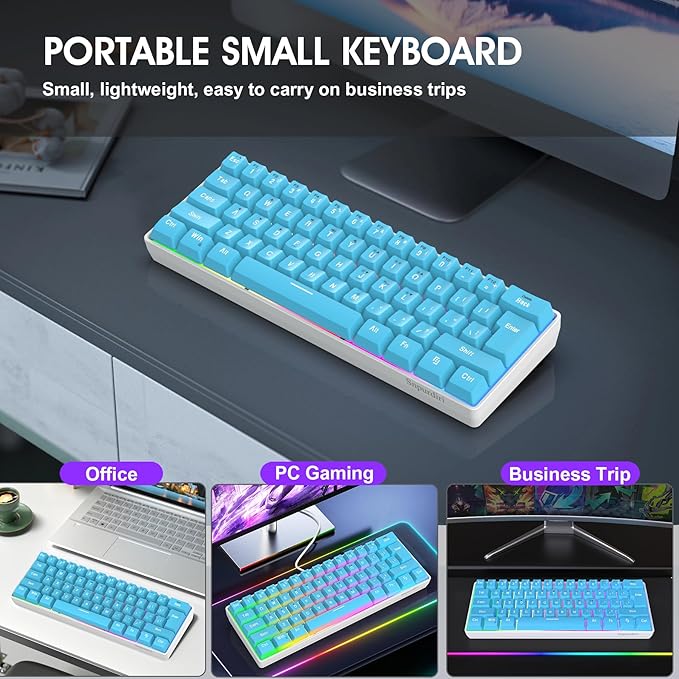 Snpurdiri 60% Wired Gaming Keyboard, Small Ultra-Compact 61 Keys RGB Backlit 60 Percent Gaming Keyboard for PC/Mac Gamer, Typist, Travel, Easy to Carry on Business Trip (Blue)
