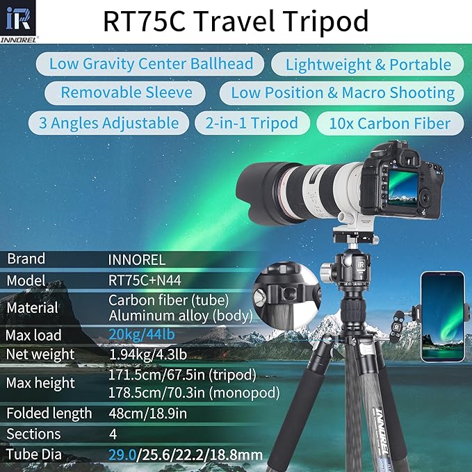 Carbon Fiber Tripod-INNOREL RT75C Super Professional Tripod Monopod Heavy Duty Stand Support Low Gravity Center 360°Panoramic ballhead for Digital DSLR Camera Black