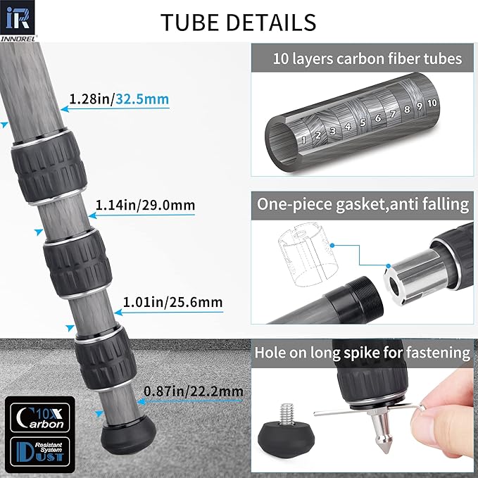 Carbon Fiber Tripod INNOREL KT324C Professional Portable Compact Travel Tripod for DSLR Camera Heavy Duty Stand Support 1.28in/32.5mm Tube with Low Gravity Center Panoramic Ball Head Center Column