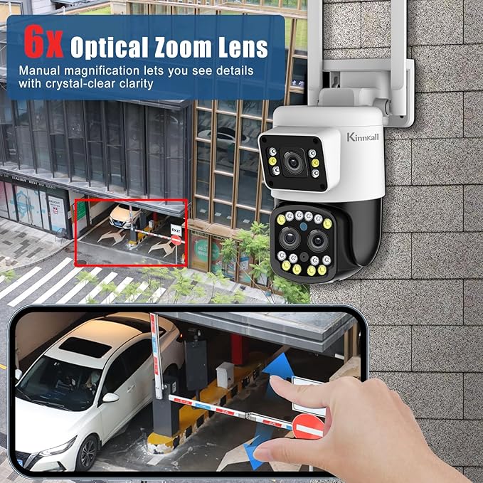 6X Optical Zoom WiFi Outdoor Security Camera, 4MP PTZ Camera for Home, 2.4GHz Wireless Surveillance Camara with Mobile App/PC Access, Dual Display, Motion Tracking, SD/Cloud, 24/7，360° View