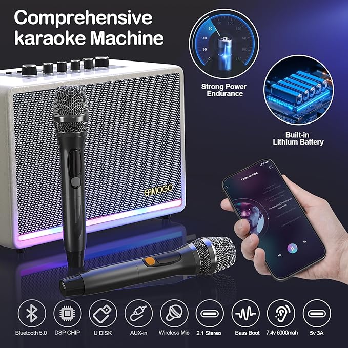 Portable Bluetooth Speaker with 2 Wireless Mics | 70W Peak Deep Bass Birchwood Cabinet | Bluetooth PA System for Outdoor Camping, Backyard| Dynamic LED Lights USB/AUX/OTG Rechargeable Battery (White)