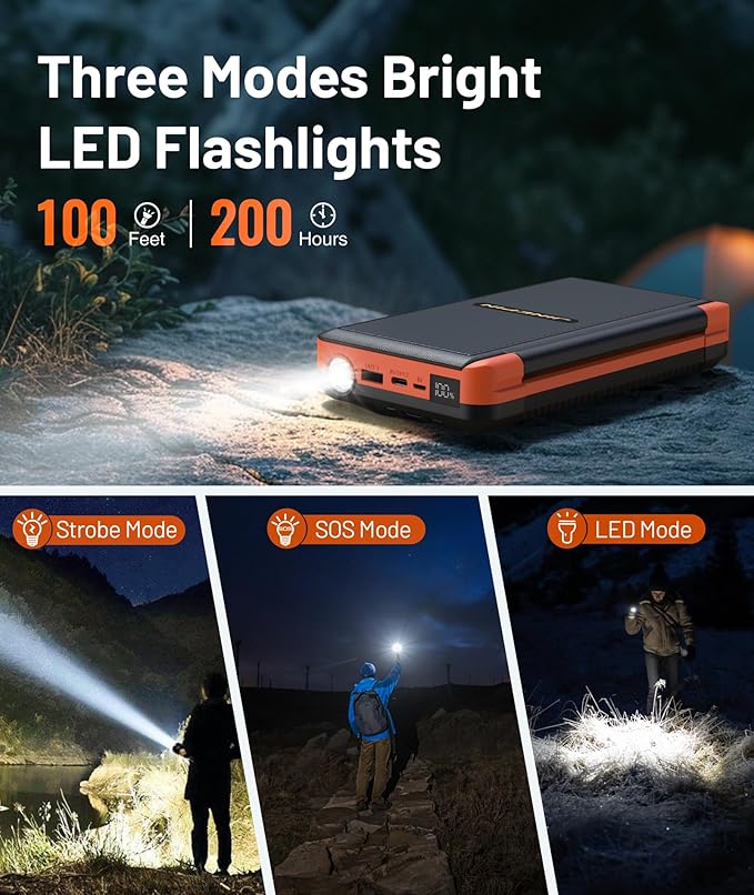 Power Bank Solar Charger 46800mAh Built in 4 Cables 3 Foldable Solar Panels, PD20W Fast Charging Portable Charger, LED Display Powerbank USB C in/Output, External Battery Pack with SOS Camping Light