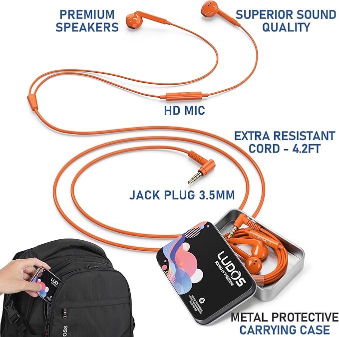 LUDOS FEROX Wired Earbuds in-Ear Headphones, 5 Years Warranty, Earphones with Microphone, Noise Isolation Corded for 3.5mm Jack Ear Buds for iPhone, Samsung, Laptop, Kids, School Students - Orange