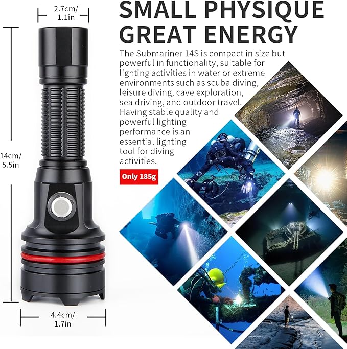 14S 2000 Lumens Professional Dive Light - IP68 328FT/100M Waterproof Underwater Flashlight with 6 Modes & USB-C Charging, for Scuba Diving/Underwater Photography/Spearfishing