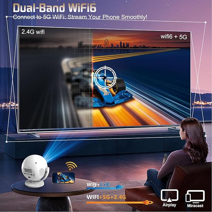 [Built-in Apps/Electric Focus/400 ANSI] 360 Mini Portable Projector, Wifi 6, Bluetooth, Smart Movie Projector for Bedroom, Support 4K Proyector Portátil, Auto Keystone, Compatible with TV Stick