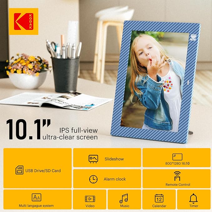 KODAK Digital Picture Frame with Remote Control, 10.1 Inch Digital Picture Frame with 1280x800 IPS HD, Wall Mountable Programmable Auto On/Off, NO WiFi