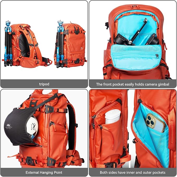 Tenzing 25L Camera Backpack with Rain Cover for Photographers 14 inch Laptop Compartment Waterproof Large Camera Bag for Drone,Cameras, Batteries, Lenses,Tripod(Orange)