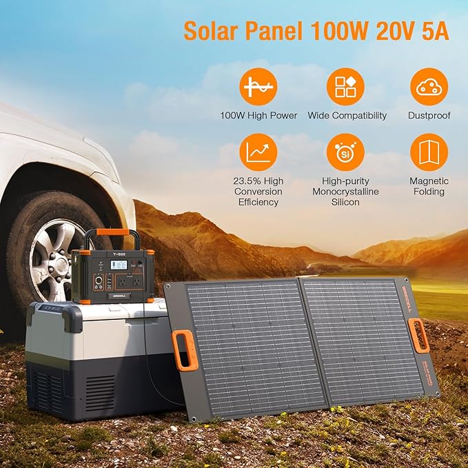 519Wh Outdoor Solar Generator with 100W Portable Solar Panel 20V, Portable Power Station 500W(Peak 1000W) Backup Battery Pack Solar Kit for RV/Van Camping Fishing Climbing Road Trip Home Emergency