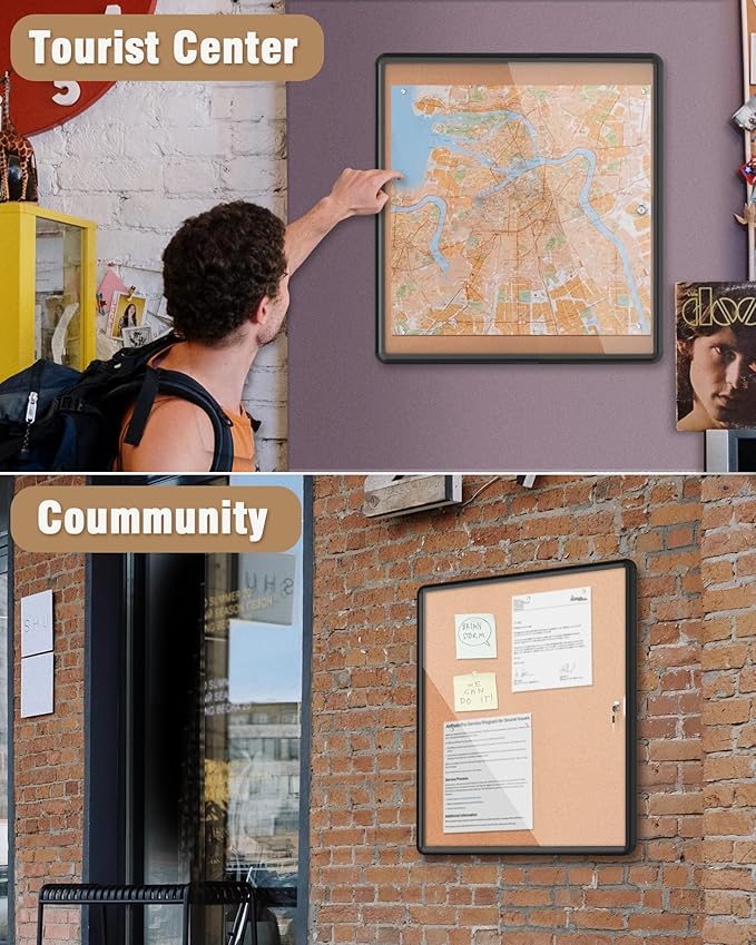 28"x26" Enclosed Bulletin Board, Lockable Weather-Resistant Aluminum Cork Noticeboard for School & Office, Black Frame w/Cork