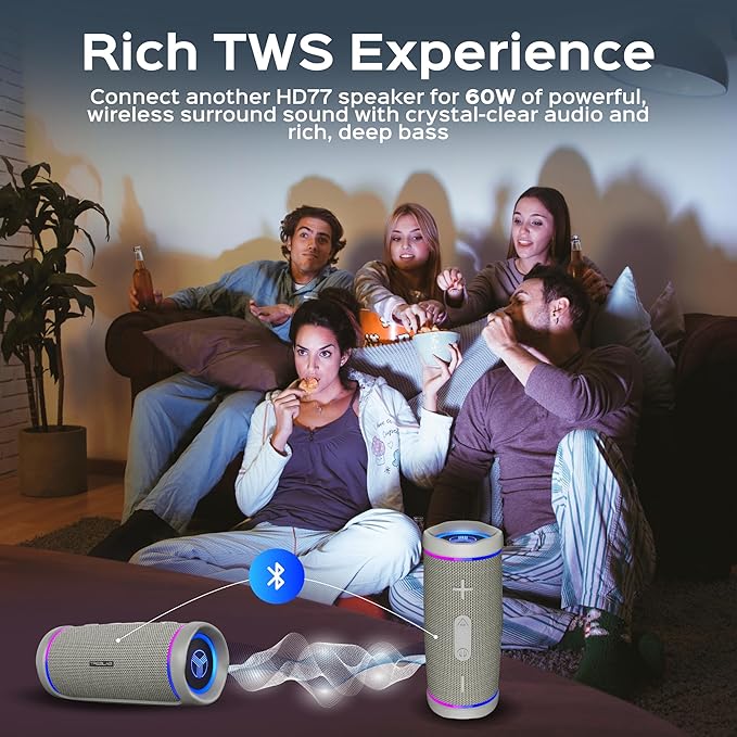 TREBLAB HD77 Bluetooth Speaker - Powerful 360° Sound with Impactful Bass, 30W Portable Wireless Audio, 20H Battery, IPX7 Waterproof, TWS Stereo, Shockproof Design for Outdoor, Beach, Pool, Jobsite