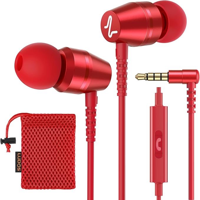 LUDOS OMNITONE Wired Earbuds in-Ear Headphones, 5 Years Warranty, Earphones with Microphone, 3.5 mm Jack Corded Ear Buds, Videoconference for iPhone, Samsung, Laptop, Kids, School Students - Red