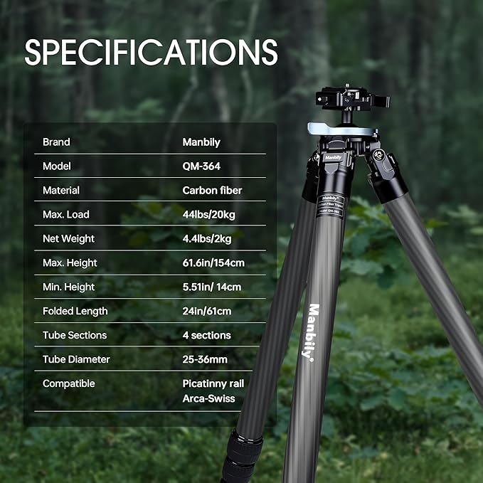 Manbily Shooting Tripod, Carbon Fiber Hunting Tripod with 36mm Legs and 45mm Ball Head, Picatinny to Arca Swiss Adapters, Max Load 44lbs (QM-364PA-Black)