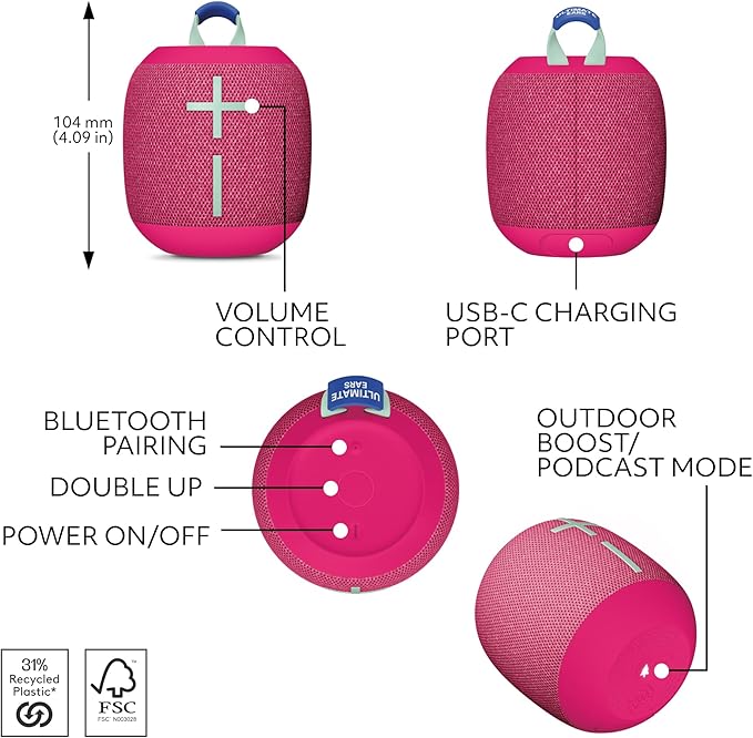 Ultimate Ears WONDERBOOM 4 Outdoor Speakers Bluetooth Waterproof with Big Bass & 360-Degree Sound, Dustproof Floating Wireless Speaker, 131ft Range - Pink
