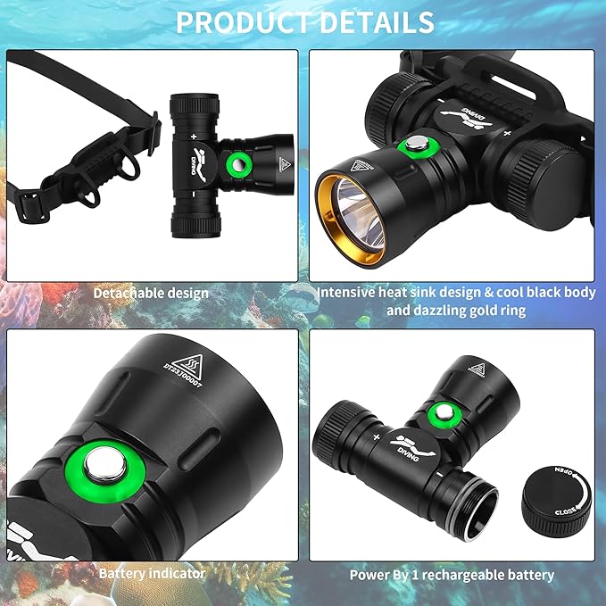 WINDFIRE Dive Light Diving Headlamp, IPX8 Waterproof Flashlight, Super Bight Underwater Lights, 3 Modes Dive Headlight with Power Indicator for Snorkeling, Diving