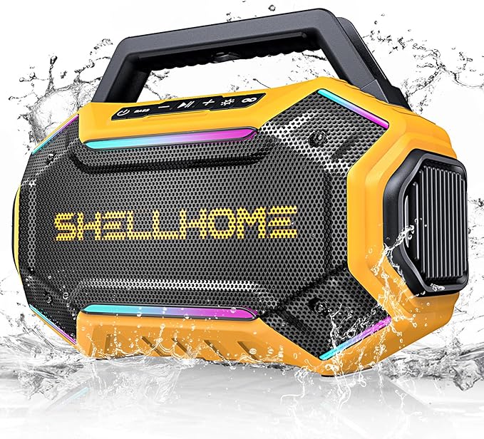 Bluetooth Outdoor Speakers, 80W(Peak) Loud Wireless Speaker, 30H Playtime, RGB Lights, BassUp 2.0, IPX6 Waterproof, TWS, Bluetooth 6.0, Portable Boombox for Party, Pool, Beach (Yellow)