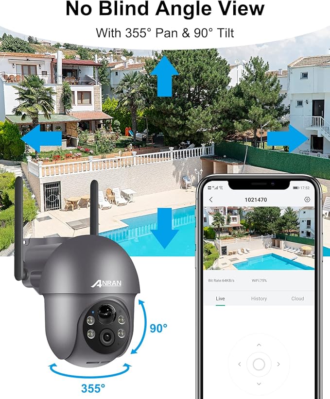 ANRAN 5MP Security Cameras Wireless Outdoor, Solar Camera Wireless with 360° View for Home Surveillance, WiFi Camera with Spotlights, PIR Detection, Color Night Vision, Siren Alarm, Q1 Max Grey