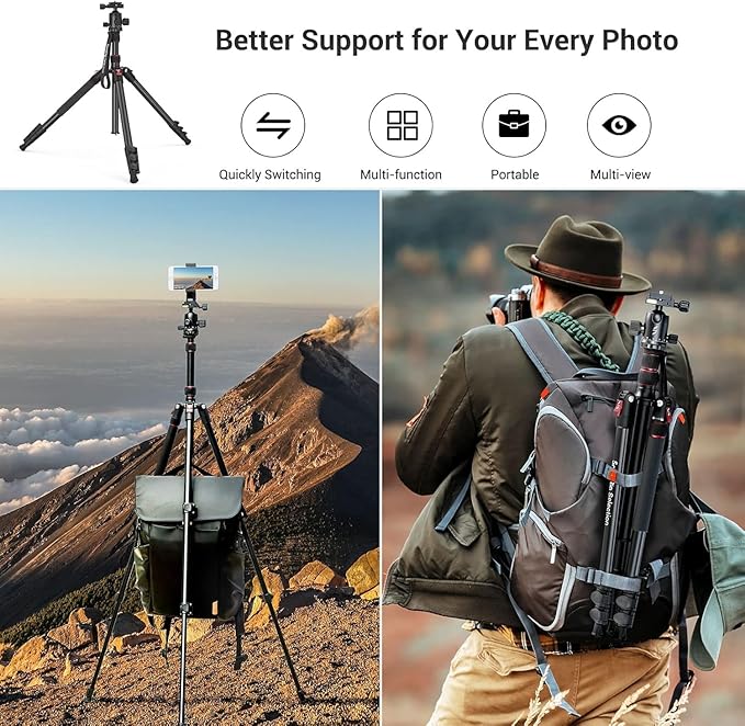 SmallRig CT-20 Camera Tripod, 78.7" Foldable Aluminum Tripod & Monopod, 360°Ball Head Detachable, Payload 33lb (200cm/78.7")