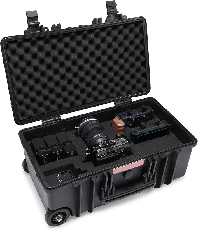 Amazon Basics Hard Camera Case with Wheels, Large, Black, Solid, 22"L x 14"W x 9.8"H