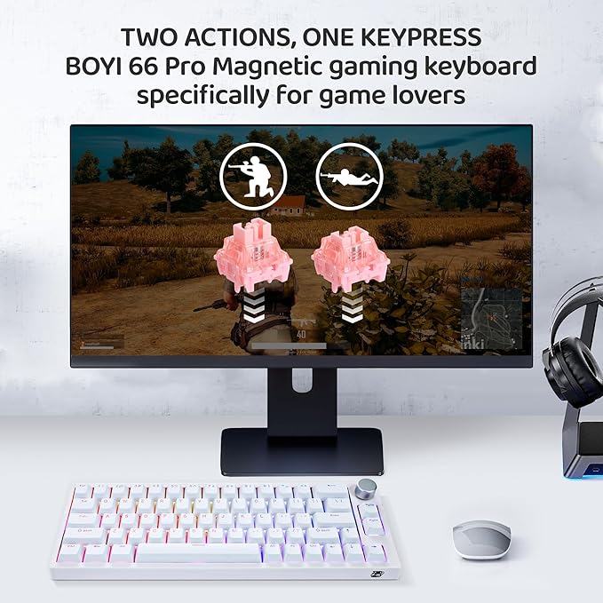 BOYI 66Pro Rapid Trigger Magnetic Switch 65% Mechanical Keyboard,Hall Effect Gasket-Mounted RGB HotSwap Hyper-Fast Adjustable Actuation Wired Compact Gaming Keyboard with Knob(White)