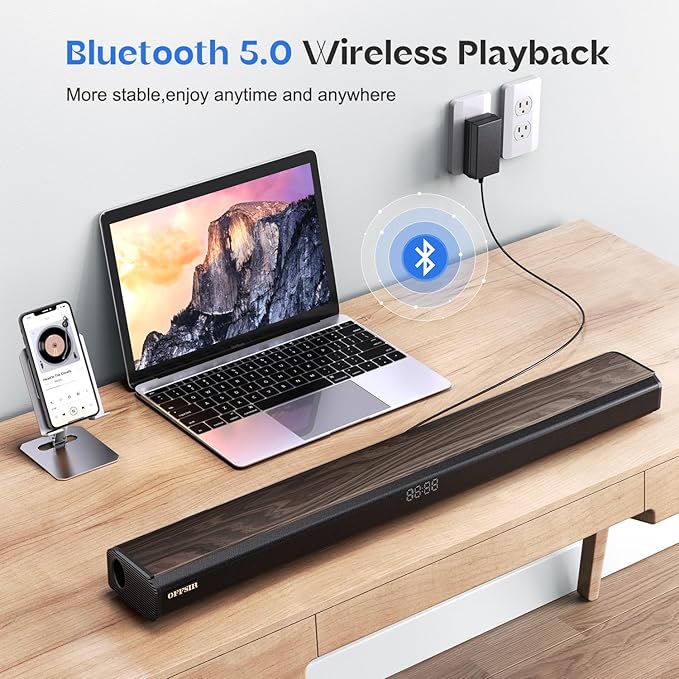 Soundbar, 100Watts-32 Inches Sound Bar for Smart TV, with 6 Built-in Speakers (2 Surround Bass),3EQ Modes, Bluetooth Sound Bar with HDMI(ARC), Optical, AUX, COA and USB Inputs (Wood Color)