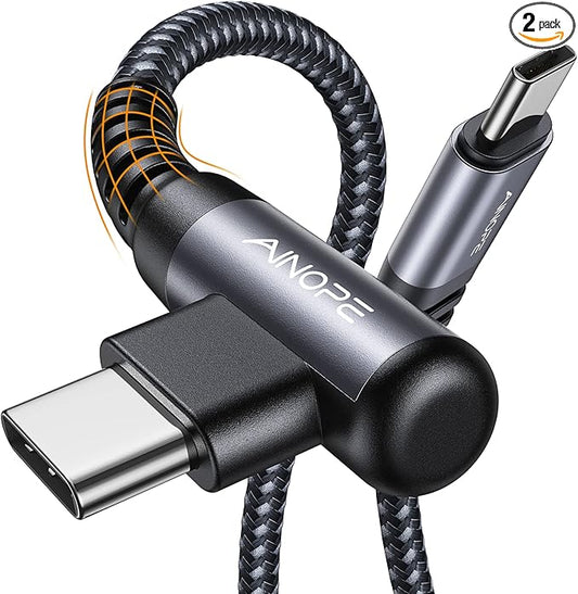 AINOPE USB C Cable 60W 2-Pack 6.6ft Nylon Braided USB C to USB C Cable Type C Charger Fast Charging Right Angle USBC Cable Charger Cord for iPhone 16 Pro Max 15 Plus Samsung S24 S23 iPad Space Gray