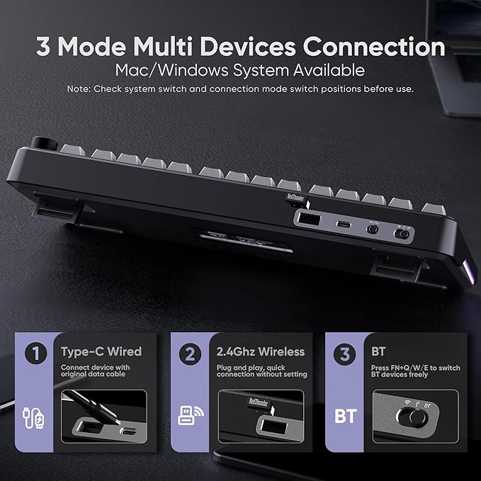 RedThunder K75 Wireless Mechanical Gaming Keyboard, 75% Hot Swappable Creamy Keyboard with Knob, RGB Backlit, Pre-lubed Linear Switches, Side Printed PBT Keycaps, Wireless/Wired/BT5.0 Connection Mode