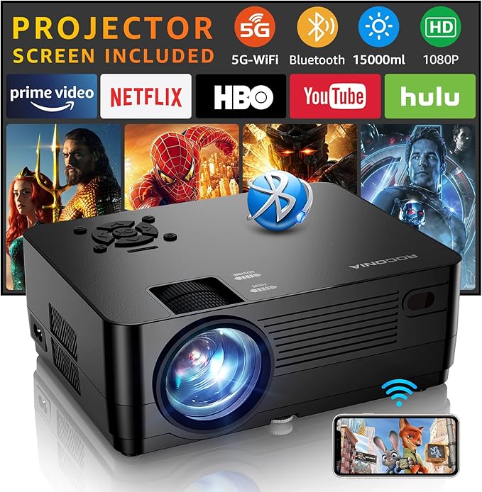 Projector with 5G WiFi and Bluetooth, Native 1080P Projector[Projector Screen Included], Full HD 18000LM Movie Projector, 100" Display Home Theater, Compatible with Phone/Laptop/TV Stick