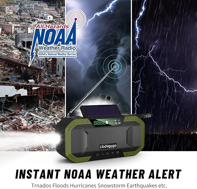 Emergency Radio Waterproof Bluetooth Speaker,Portable Digital AM FM Radio with Flashlight,Reading Lamp,Hand Crank NOAA Weather Radio with Solar Panel,5000mAH Cell Phone Charger,Emergency Survival Kit