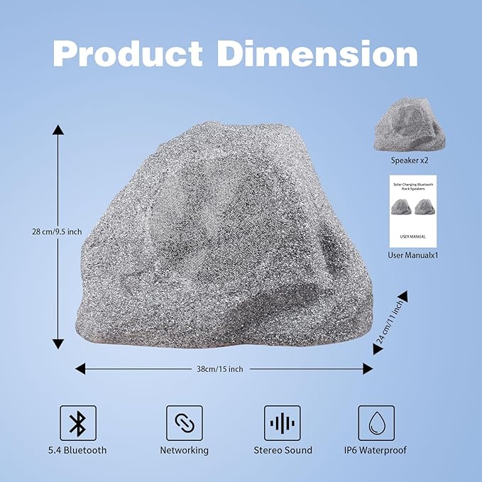 6.5" Bluetooth 5.4 Outdoor Rock Speakers, 450 Watt IPX6 Waterproof Wireless Multi-Sync up to 200 Speakers Auto-Pairing Auracoast Networking Tech for Backyard Garden(Pair, Gray) (6.5 Inch)