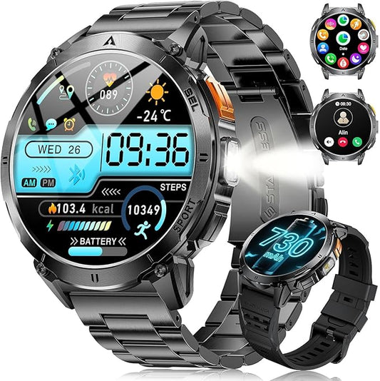 LIGE Smart Watches for Men with LED Flashlight/Call, 1,62'' HD AMOLED Screen 730mAh Military Smartwatches with 110+ Sports, 3ATM Fitness Tracker with 24/7 Heart Rate/Sleep for iOS Android, Black