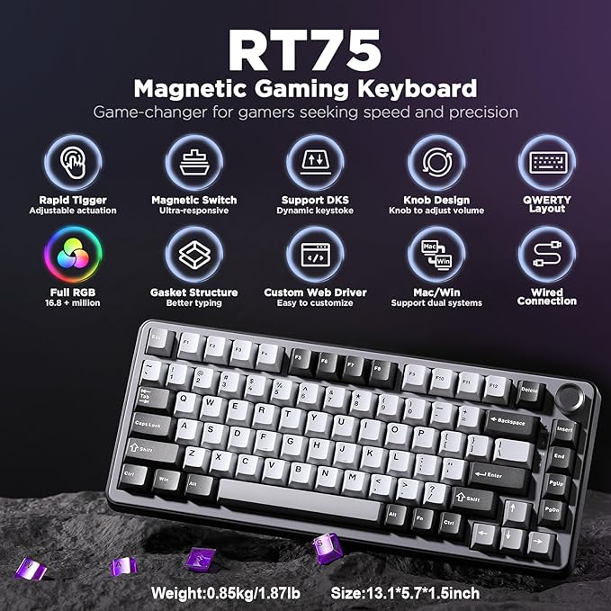 YUNZII RT75 Rapid Trigger Wired Gaming Keyboard,Hall Effect Magnetic Switch,Adjustable Actuation Esports,75% TKL Layout with Knob,RGB Backlit, PBT Keycaps for Mac/Win (Black, Outemu Switch)