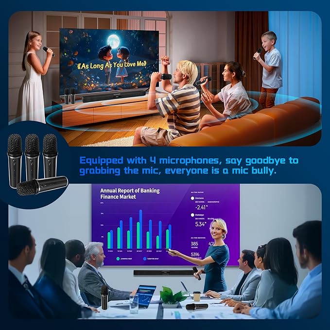 TV Soundbar Speaker with Bluetooth/AUX/USB/TF/Coaxial, Sound Bar for Smart TV with 4 Wireless Microphones, Surround Sound System for TV (Full Black, 4mic)