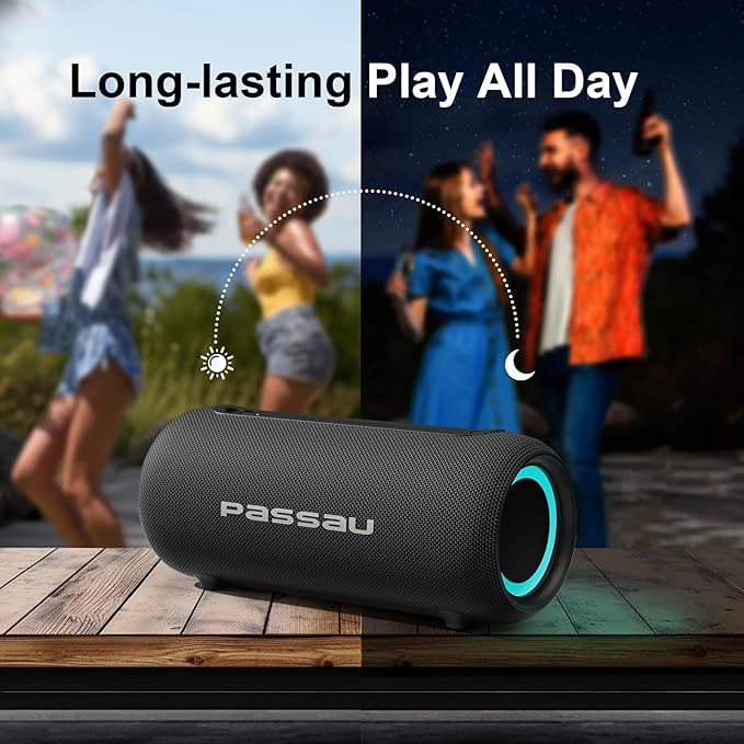 Passau Portable Bluetooth Speakers Loud 40W Peak Stereo Sound, Passive Radiators-Deep Bass, All Day Playtime, Adjustable Strap, BT5.3, IPX5 Wireless Speaker RGB Lights for Indoor Outdoor