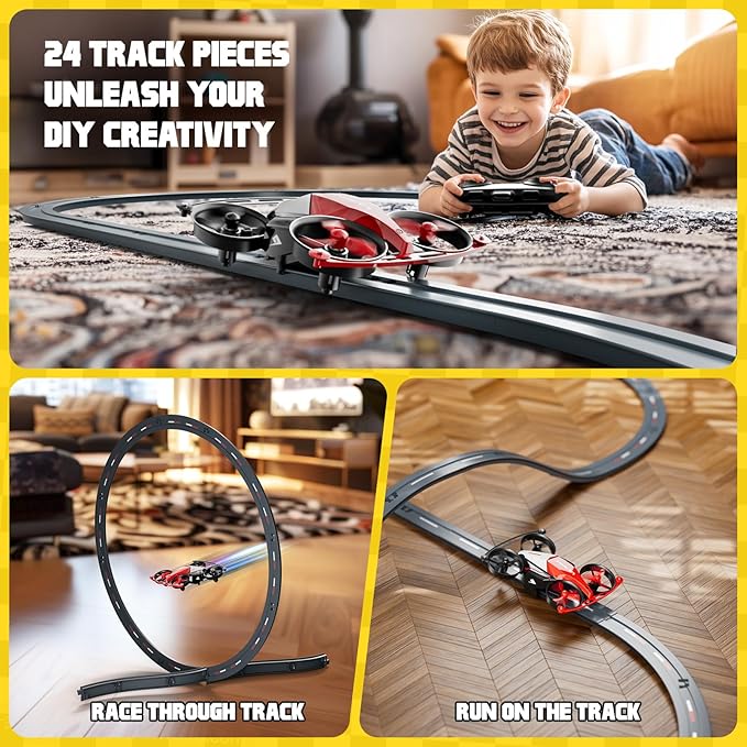 Drones for Kids 8-12, Mini Indoor Drone with 24 Piece Track Set, 2 in 1 RC Quadcopter & Flying Car Toys for Age 10-14 Boys with Jump Fly, Land Mode, Railcar Race,360 Flips,2 Batteries,Altitude Hold