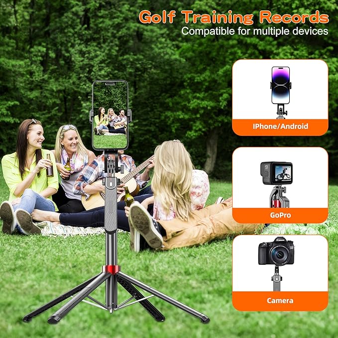 Monopod and Tripod Selfie Stick to Record Golf Swing - Etendable Cell Phone Tripod Stand with Wireless Remote and Phone Holder, Golf Training Aid - Compatible with All iPhone Android Phone