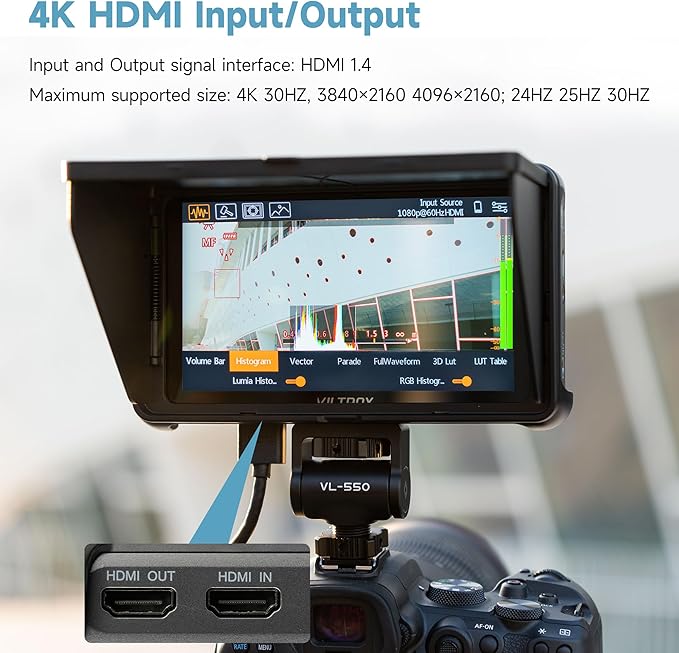 VILTROX DC-550 Pro 5.5 inch Camera Field Monitor, 4K HDMI Touchscreen DSLR Camera Monitor with Battery Sunshade Hood, 1200 Nits 3D Lut 1920X1080 HD Focus Peaking Assist On Camera Video Monitor