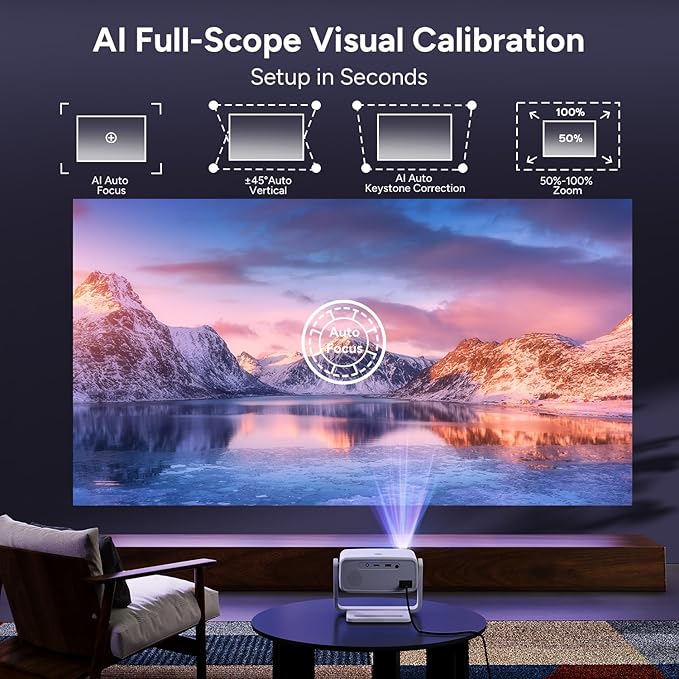 4k Projector with WiFi and Bluetooth, Outdoor Smart Projector 4k Auto Focus & Voice Control, Built-in 10,000+ Apps Native 1080P Proyector for Home Movie