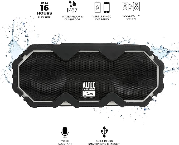 Altec Lansing Mini LifeJacket Jolt Bluetooth Speaker with Qi, Wireless, Waterproof, Portable, Speakers, Loud Volume, Strong Bass, Rich Stereo System, Microphone, 16 Hour Battery, 100 ft Range, Gray