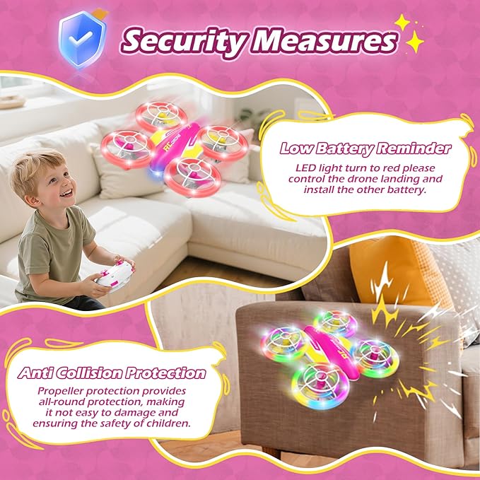 LED RC Drone for Kids 6+, Christmas Birthday Gift for Boys & Girls with Remote Batteries, 360° Flips, 3 Speed Modes, 45 Min Flight Indoor and Outdoor Flying Toy - RoseRed Yellow