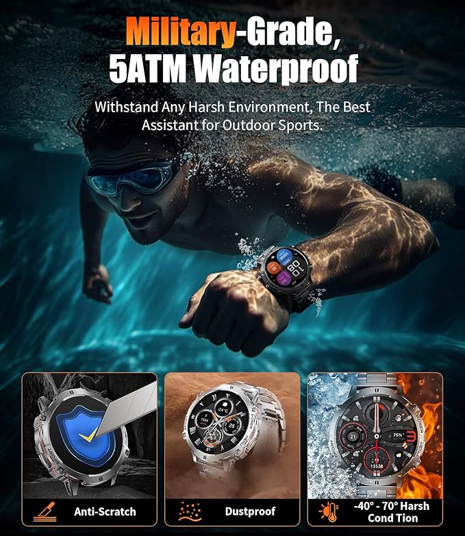 LIGE Smart Watches for Men with Compass/Barometer, 1,73'' HD AMOLED Large Display 3ATM Military Smartwatch with 900mAh Battery, 130+ Sports Modes, 24/7 Heart Rate/Sleep Monitor for Android iOS, Black