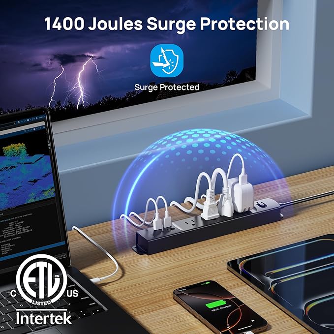 TROND Surge Protector Power Strip with USB, Ultra Thin Flat Plug 3ft Extension Cord 1625W, 3 USB A & 1 USB C, 4 AC Outlets 1440J Surge Protection, ETL Listed, Wall Mount for Home Office Dorm, Black