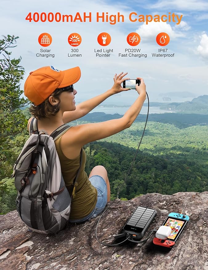 Solar Charger Power Bank, 40000mAh Portable Charger PD 20W Fast Charging Solar Power Bank Built in 4 Cables and USB-C in/Output, Camping Essentials External Battery Pack with Flashlights