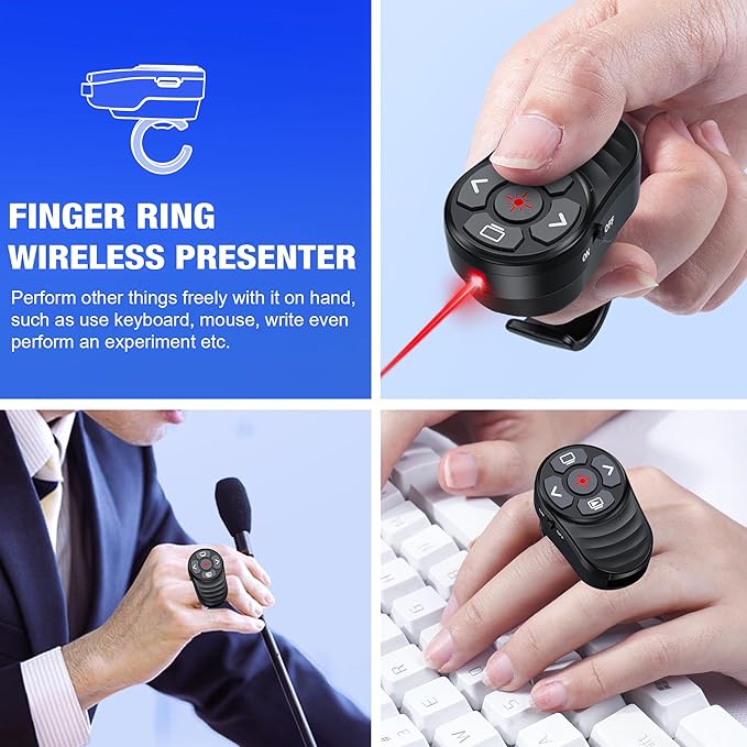 Dinofire USB Type C Wireless Presenter Remote Presentation Laser Pointer Finger Ring PowerPoint Clicker-Slide Advancer for Mac Laptop Class Office